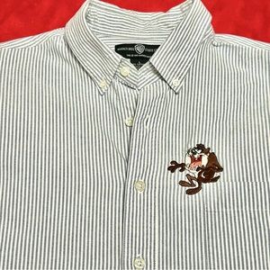 Warner Bros Brothers WB Tasmanian Devil Taz Button Down Collar Shirt White Blue